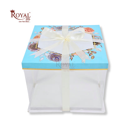 Tall Transparent Square Box with Ribbon I Blue I 10X10X8