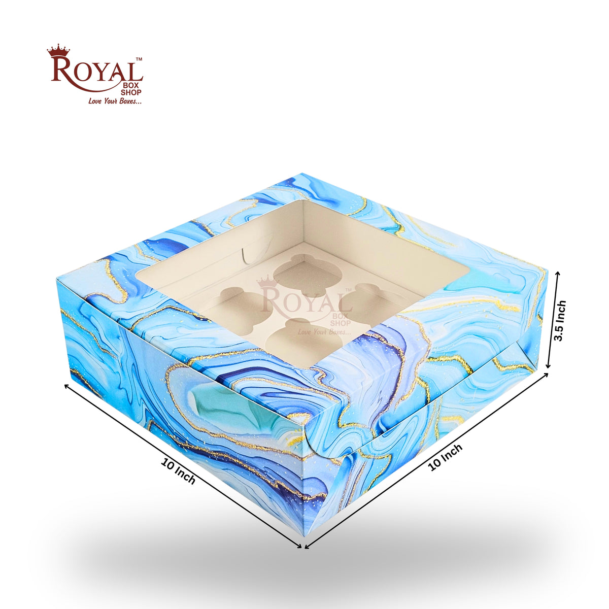9pc Cupcake Boxes with Window | 10x10x3.5 Inch | Blue Marble Print | FBB