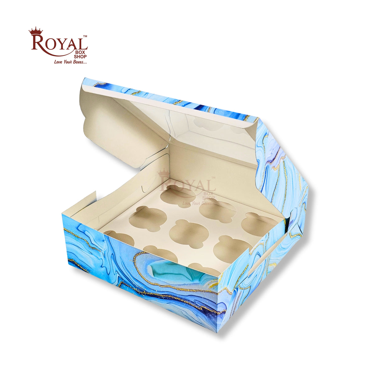 9pc Cupcake Boxes with Window | 10x10x3.5 Inch | Blue Marble Print | FBB