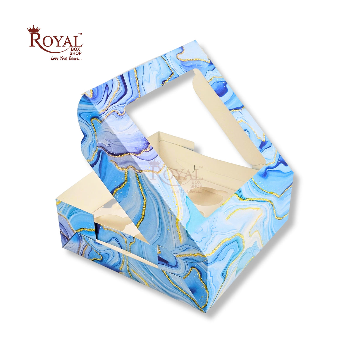 9pc Cupcake Boxes with Window | 10x10x3.5 Inch | Blue Marble Print | FBB
