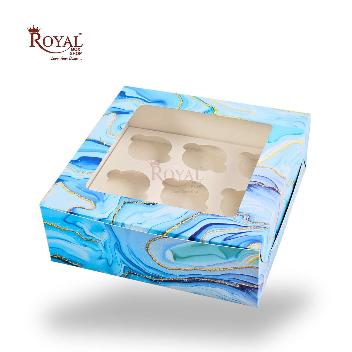 9pc Cupcake Boxes with Window | 10x10x3.5 Inch | Blue Marble Print | FBB