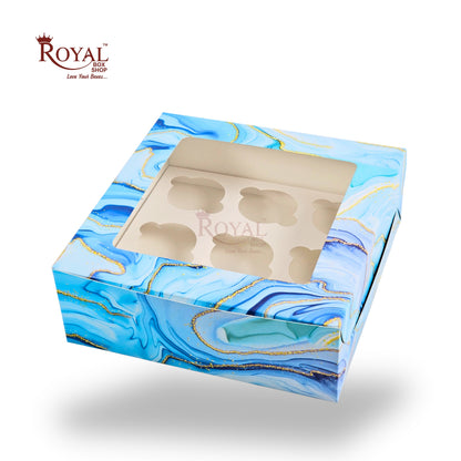 9pc Cupcake Boxes with Window | 10x10x3.5 Inch | Blue Marble Print | FBB